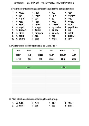 Bài tập môn Tiếng Anh Lớp 6 - Bài tập bổ trợ từ vựng, ngữ pháp unit 8