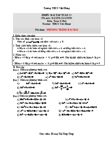 Phiếu bài tập môn Toán (Hình) Lớp 9 - Tuần 25 - Nội dung: Phương trình bậc hai - Năm 2020 - Trường THCS Việt Hưng