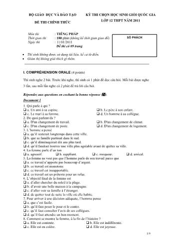 Đề thi chọn học sinh giỏi Quốc gia Lớp 12 THPT năm 2011 môn Tiếng Pháp (Có đáp án)