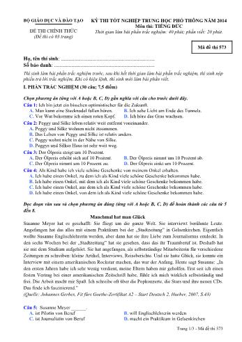 Đề thi tốt nghiệp Trung học Phổ thông năm 2014 môn Tiếng Đức - Mã đề thi 573 (Có đáp án)