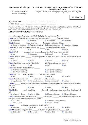 Đề thi tốt nghiệp Trung học Phổ thông năm 2014 môn Tiếng Đức - Mã đề thi 796 (Có đáp án)