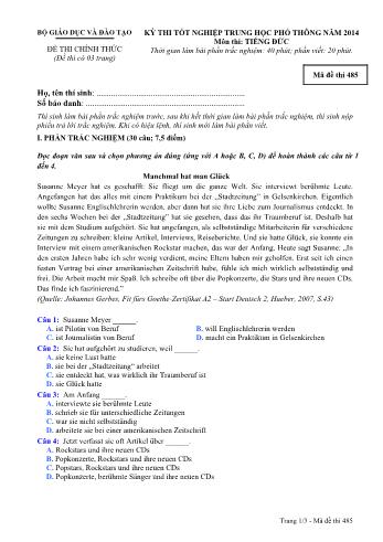 Đề thi tốt nghiệp Trung học Phổ thông năm 2014 môn Tiếng Đức - Mã đề thi 485 (Có đáp án)