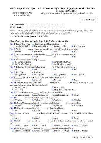 Đề thi tốt nghiệp Trung học Phổ thông năm 2014 môn Tiếng Đức - Mã đề thi 152 (Có đáp án)