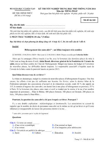 Đề thi tốt nghiệp Trung học Phổ thông năm 2014 môn Tiếng Pháp - Mã đề thi 268 (Có đáp án)