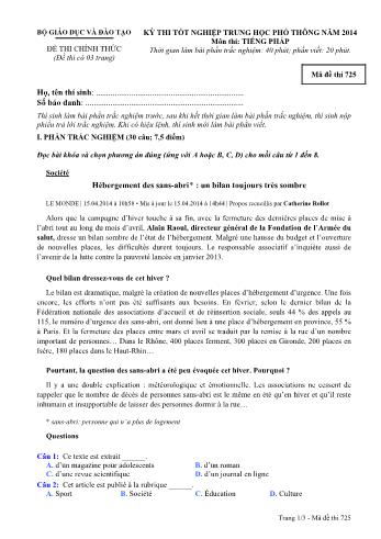 Đề thi tốt nghiệp Trung học Phổ thông năm 2014 môn Tiếng Pháp - Mã đề thi 725 (Có đáp án)