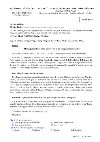Đề thi tốt nghiệp Trung học Phổ thông năm 2014 môn Tiếng Pháp - Mã đề thi 947 (Có đáp án)