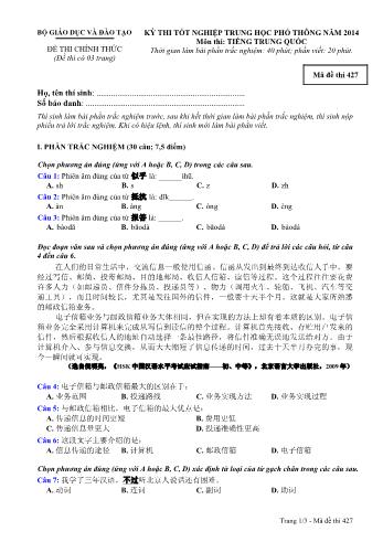 Đề thi tốt nghiệp Trung học Phổ thông năm 2014 môn Tiếng Trung Quốc - Mã đề thi 427 (Có đáp án)