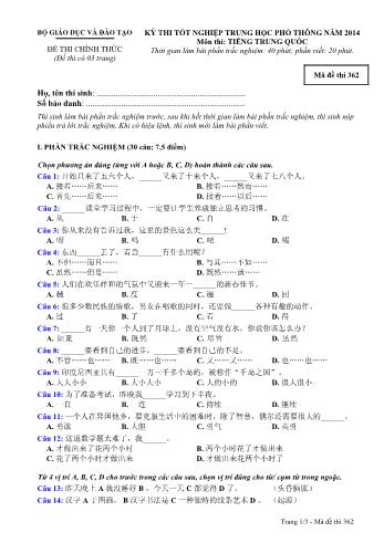 Đề thi tốt nghiệp Trung học Phổ thông năm 2014 môn Tiếng Trung Quốc - Mã đề thi 362 (Có đáp án)