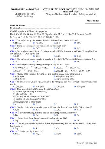 Đề thi Trung học Phổ thông Quốc gia năm 2015 môn Hóa học - Mã đề thi 691 (Có đáp án)