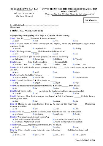 Đề thi Trung học Phổ thông Quốc gia năm 2015 môn Tiếng Đức - Mã đề thi 294 (Có đáp án)