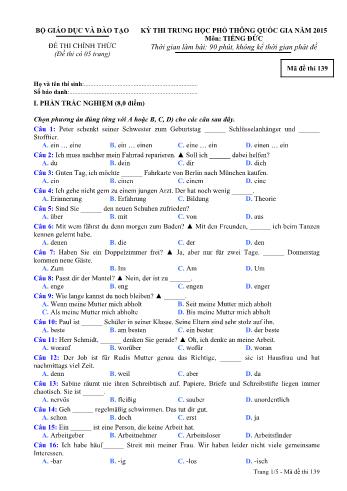 Đề thi Trung học Phổ thông Quốc gia năm 2015 môn Tiếng Đức - Mã đề thi 139 (Có đáp án)