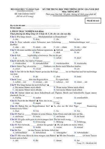 Đề thi Trung học Phổ thông Quốc gia năm 2015 môn Tiếng Đức - Mã đề thi 642 (Có đáp án)