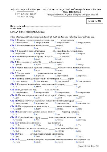 Đề thi Trung học Phổ thông Quốc gia năm 2015 môn Tiếng Nga - Mã đề thi 728 (Có đáp án)