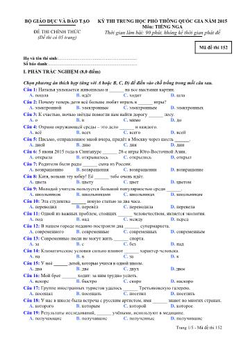 Đề thi Trung học Phổ thông Quốc gia năm 2015 môn Tiếng Nga - Mã đề thi 152 (Có đáp án)