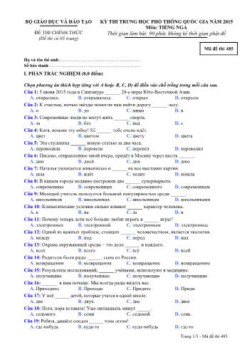 Đề thi Trung học Phổ thông Quốc gia năm 2015 môn Tiếng Nga - Mã đề thi 485 (Có đáp án)