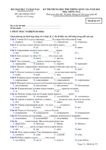Đề thi Trung học Phổ thông Quốc gia năm 2015 môn Tiếng Nga - Mã đề thi 573 (Có đáp án)