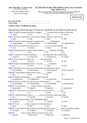 Đề thi Trung học Phổ thông Quốc gia năm 2015 môn Tiếng Nga - Mã đề thi 813 (Có đáp án)