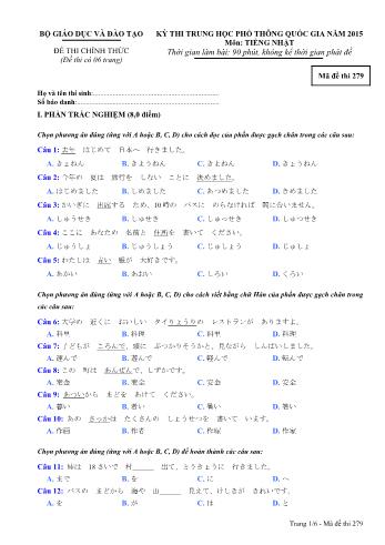 Đề thi Trung học Phổ thông Quốc gia năm 2015 môn Tiếng Nhật - Mã đề thi 279 (Có đáp án)