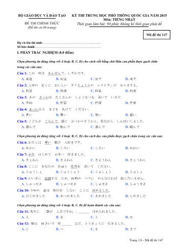 Đề thi Trung học Phổ thông Quốc gia năm 2015 môn Tiếng Nhật - Mã đề thi 147 (Có đáp án)