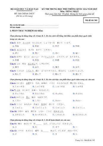 Đề thi Trung học Phổ thông Quốc gia năm 2015 môn Tiếng Nhật - Mã đề thi 385 (Có đáp án)