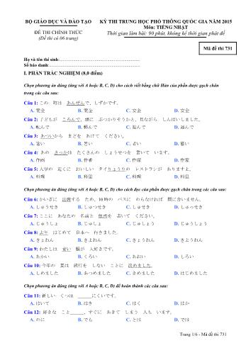 Đề thi Trung học Phổ thông Quốc gia năm 2015 môn Tiếng Nhật - Mã đề thi 731 (Có đáp án)