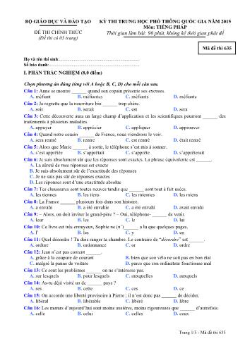 Đề thi Trung học Phổ thông Quốc gia năm 2015 môn Tiếng Pháp - Mã đề thi 635 (Có đáp án)