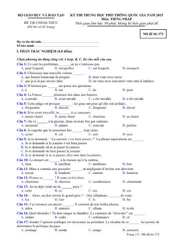 Đề thi Trung học Phổ thông Quốc gia năm 2015 môn Tiếng Pháp - Mã đề thi 372 (Có đáp án)