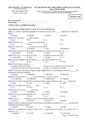Đề thi Trung học Phổ thông Quốc gia năm 2015 môn Tiếng Pháp - Mã đề thi 486 (Có đáp án)
