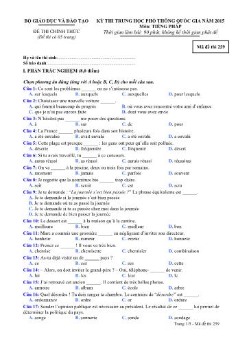 Đề thi Trung học Phổ thông Quốc gia năm 2015 môn Tiếng Pháp - Mã đề thi 259 (Có đáp án)