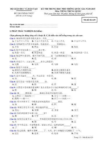 Đề thi Trung học Phổ thông Quốc gia năm 2015 môn Tiếng Trung Quốc - Mã đề thi 629 (Có đáp án)