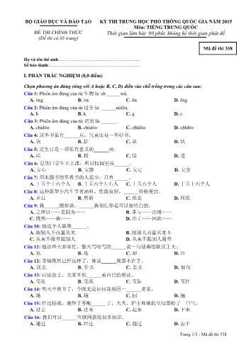 Đề thi Trung học Phổ thông Quốc gia năm 2015 môn Tiếng Trung Quốc - Mã đề thi 358 (Có đáp án)