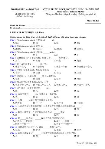 Đề thi Trung học Phổ thông Quốc gia năm 2015 môn Tiếng Trung Quốc - Mã đề thi 831 (Có đáp án)