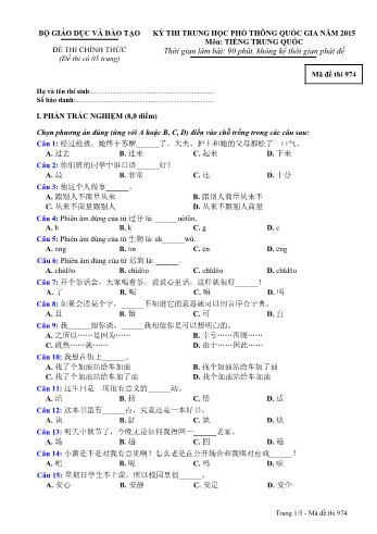 Đề thi Trung học Phổ thông Quốc gia năm 2015 môn Tiếng Trung Quốc - Mã đề thi 974 (Có đáp án)