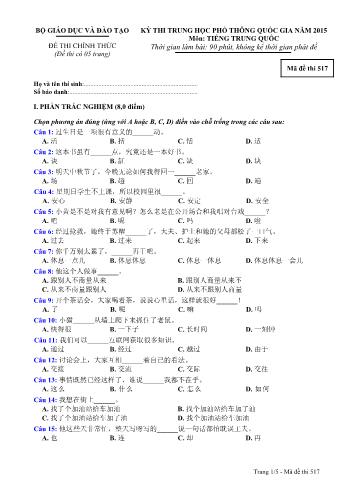 Đề thi Trung học Phổ thông Quốc gia năm 2015 môn Tiếng Trung Quốc - Mã đề thi 517 (Có đáp án)