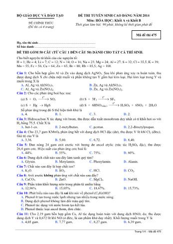 Đề thi tuyển sinh Cao đẳng năm 2014 môn Hóa học Khối A, B - Mã đề thi 475 (Có đáp án)