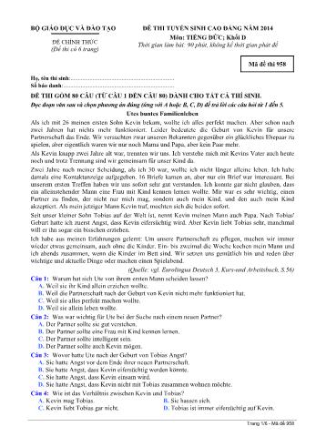 Đề thi tuyển sinh Cao đẳng năm 2014 môn Tiếng Đức Khối D - Mã đề thi 958 (Có đáp án)