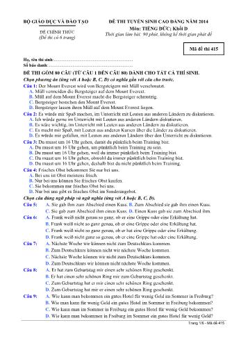 Đề thi tuyển sinh Cao đẳng năm 2014 môn Tiếng Đức Khối D - Mã đề thi 415 (Có đáp án)