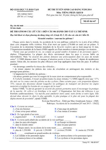 Đề thi tuyển sinh Cao đẳng năm 2014 môn Tiếng Pháp Khối D - Mã đề thi 648 (Có đáp án)