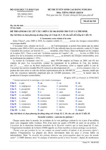 Đề thi tuyển sinh Cao đẳng năm 2014 môn Tiếng Pháp Khối D - Mã đề thi 528 (Có đáp án)