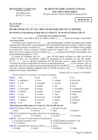 Đề thi tuyển sinh Cao đẳng năm 2014 môn Tiếng Pháp Khối D - Mã đề thi 394 (Có đáp án)