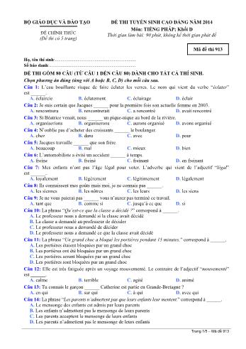 Đề thi tuyển sinh Cao đẳng năm 2014 môn Tiếng Pháp Khối D - Mã đề thi 913 (Có đáp án)