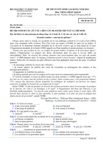 Đề thi tuyển sinh Cao đẳng năm 2014 môn Tiếng Pháp Khối D - Mã đề thi 752 (Có đáp án)