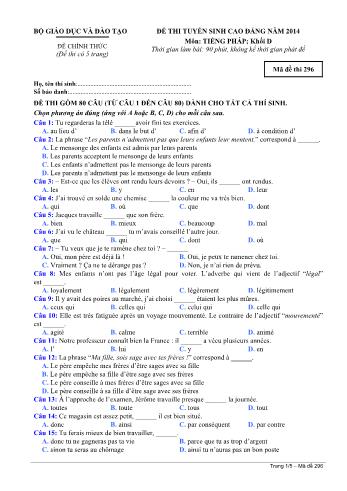 Đề thi tuyển sinh Cao đẳng năm 2014 môn Tiếng Pháp Khối D - Mã đề thi 296 (Có đáp án)