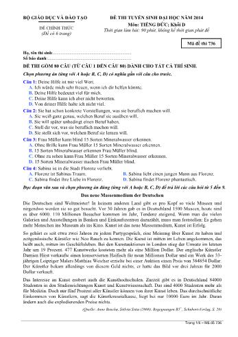 Đề thi tuyển sinh Đại học năm 2014 môn Tiếng Đức Khối D - Mã đề thi 736 (Có đáp án)