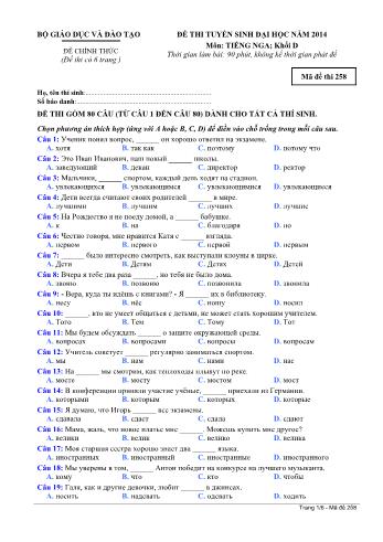Đề thi tuyển sinh Đại học năm 2014 môn Tiếng Nga Khối D - Mã đề thi 258 (Có đáp án)