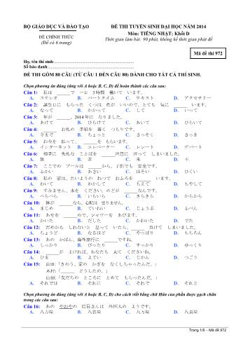Đề thi tuyển sinh Đại học năm 2014 môn Tiếng Nhật Khối D - Mã đề thi 972 (Có đáp án)