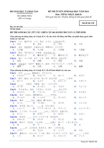Đề thi tuyển sinh Đại học năm 2014 môn Tiếng Nhật Khối D - Mã đề thi 138 (Có đáp án)