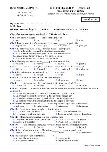 Đề thi tuyển sinh Đại học năm 2014 môn Tiếng Pháp Khối D - Mã đề thi 139 (Có đáp án)