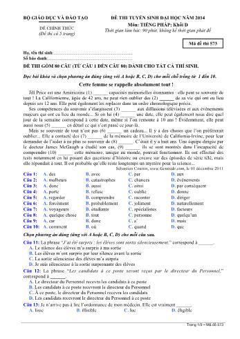 Đề thi tuyển sinh Đại học năm 2014 môn Tiếng Pháp Khối D - Mã đề thi 537 (Có đáp án)