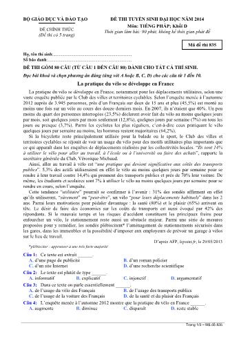 Đề thi tuyển sinh Đại học năm 2014 môn Tiếng Pháp Khối D - Mã đề thi 835 (Có đáp án)